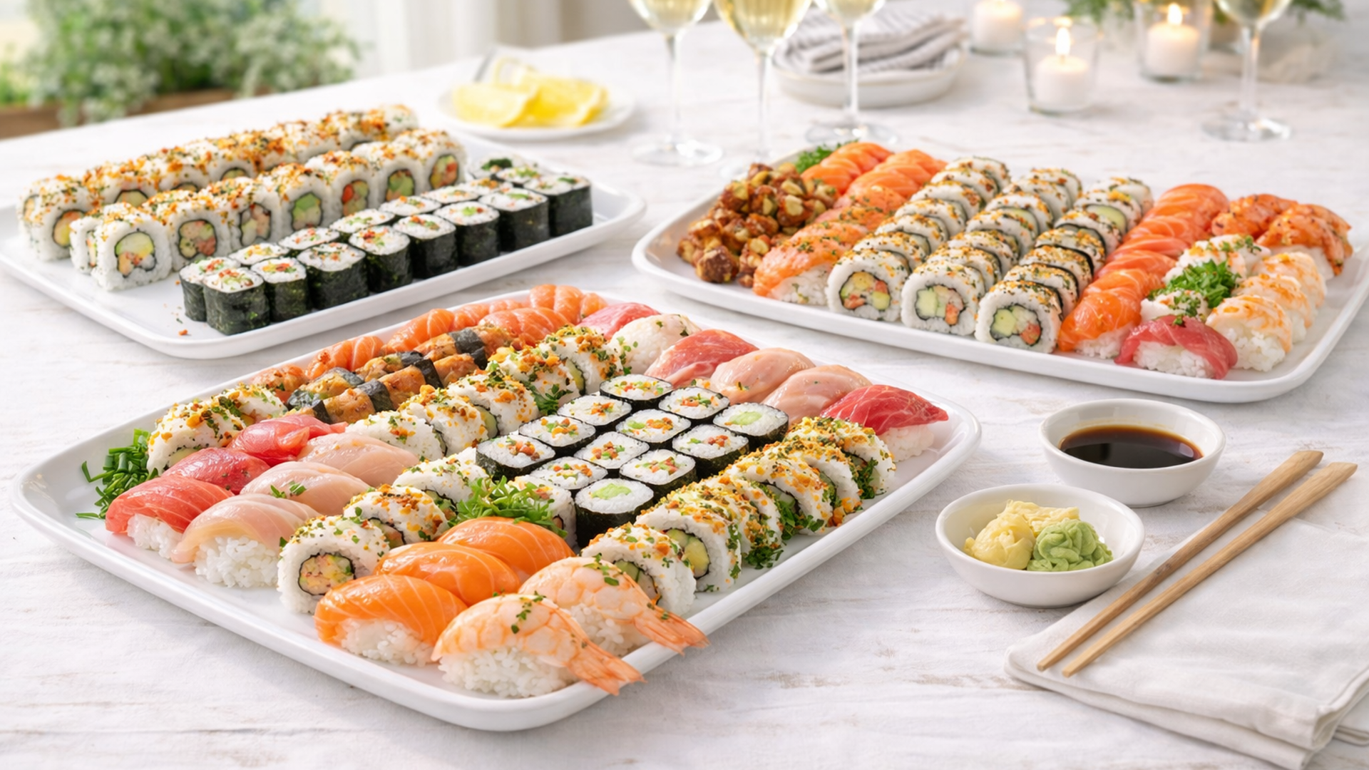 Sushiutvalg På Et Lyst Trebord