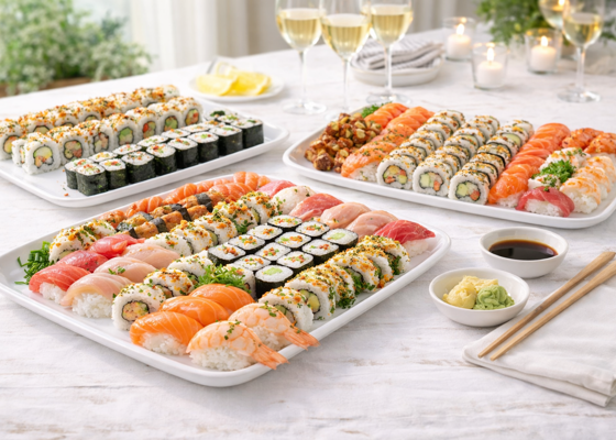 Sushiutvalg På Et Lyst Trebord