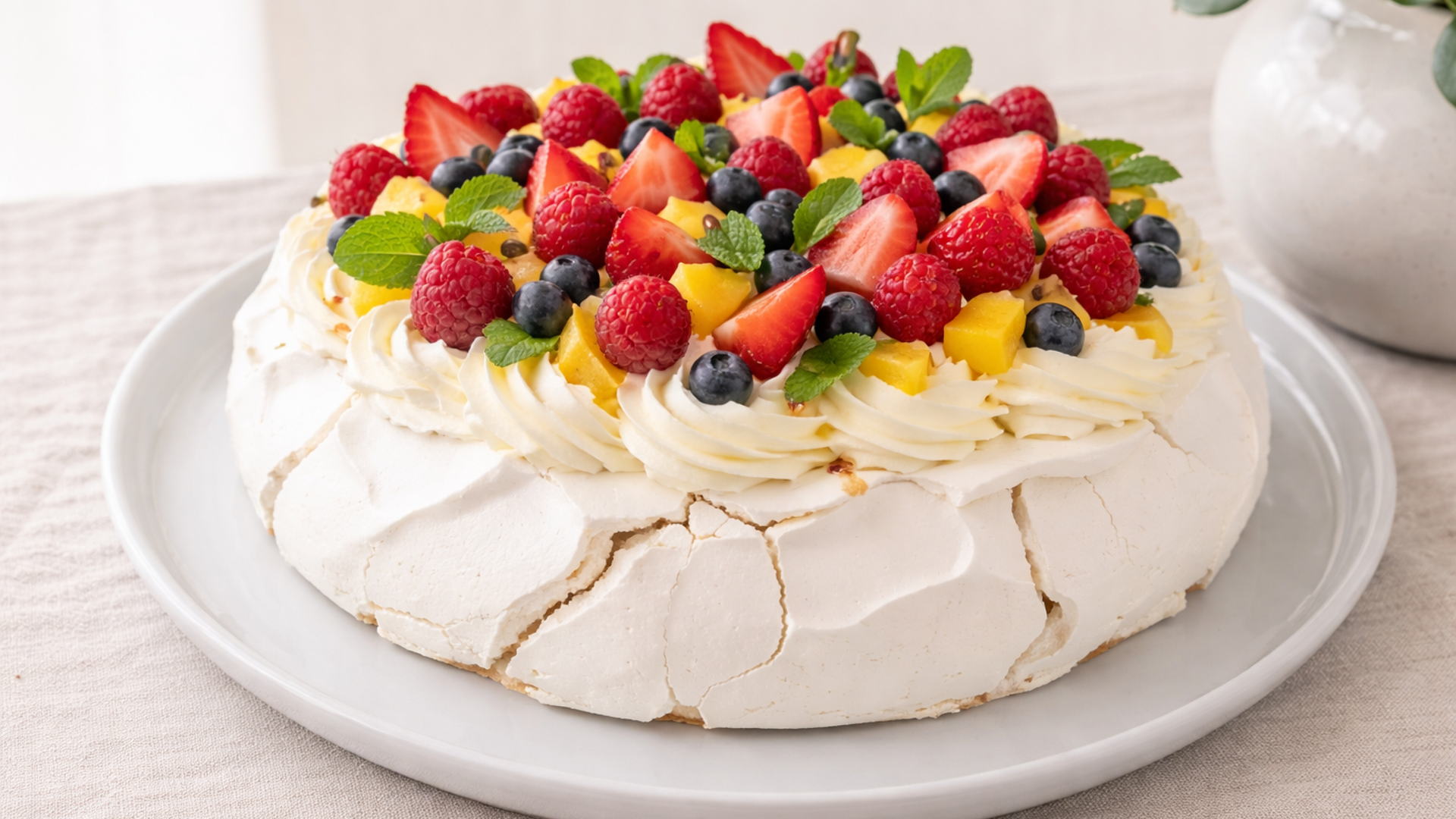 Pavlova Med Friske Bær Og Mango